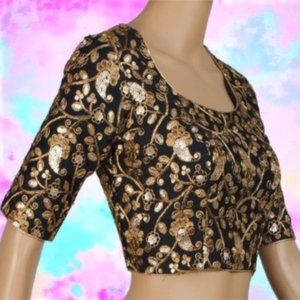 CHANDRAKALA Black and Gold Embroidered Short Sleeve Saree Blouse NEW Size M